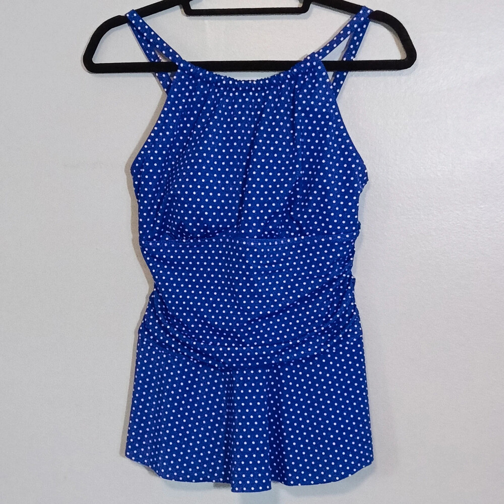 Kim Rogers Polka Dot High Neck Peplum Tankini Top Swim Top Size L Blue and White